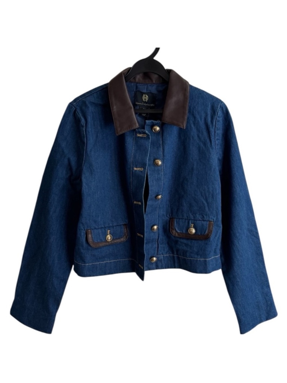 House of Harlow 1960 Denim Jacket with Gold Buttons Faux Leather Trim - Picture 3 of 8